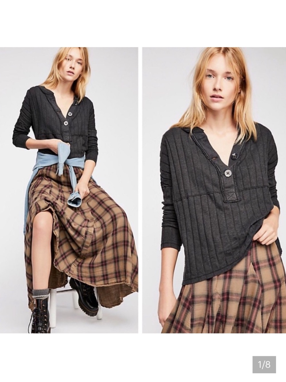 Free People Black Ribbed Long Sleeve Henley Top